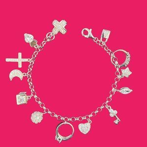 925 Sterling Silver Love Heart Cross Ring Charm Bracelet